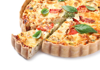 Tasty quiche with tomatoes, basil and cheese isolated on white