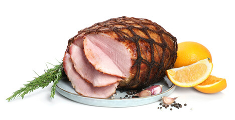 Delicious baked ham, orange, garlic and rosemary isolated on white