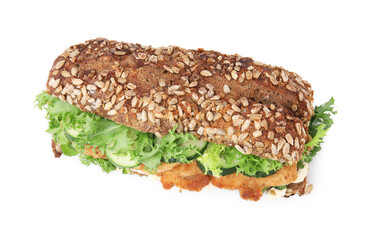 Delicious sandwich with schnitzel isolated on white, top view