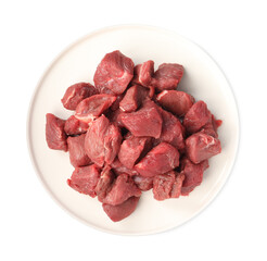 Plate with pieces of raw beef meat isolated on white, top view