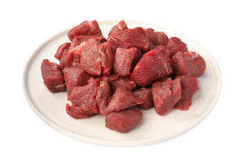 Plate with pieces of raw beef meat isolated on white