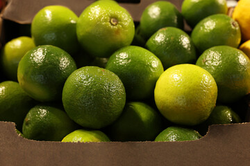 Many fresh green limes on container at market, closeup