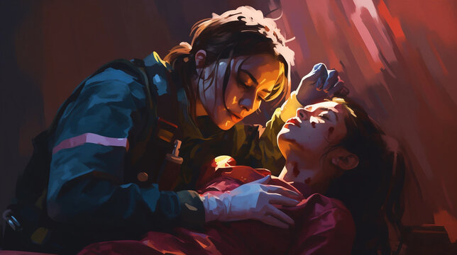 A Watercolor Painting of an Emergency Responder Tending to an Injured Person