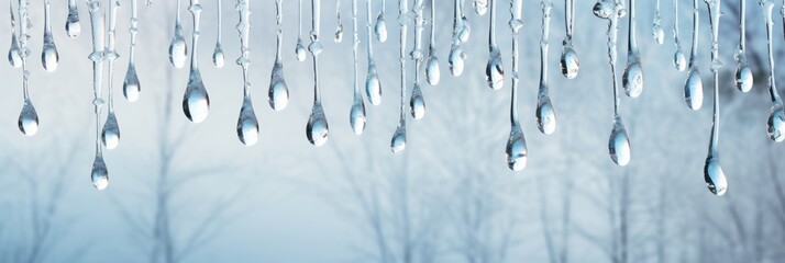 A Winter's Whisper: Delicate Silver and Blue Icicle Drops Glistening Against a Crisp, Frosty Backdrop, Capturing the Essence of a Serene, Frozen Wonderland - obrazy, fototapety, plakaty