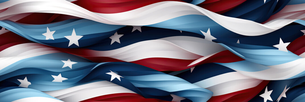 seamless pattern with American US flag of America USA with stars and stripes on white blue red background with waves