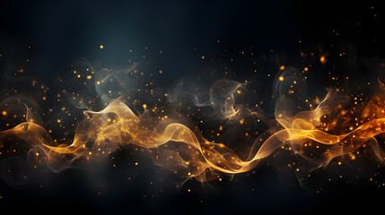 abstract panoramic smoke background with golden particles, generative ai
