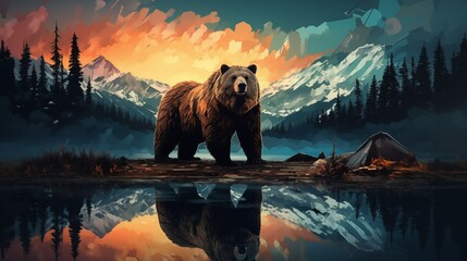 Brown bear in the lake a wild bear with the intricate details of a forest landscape - obrazy, fototapety, plakaty