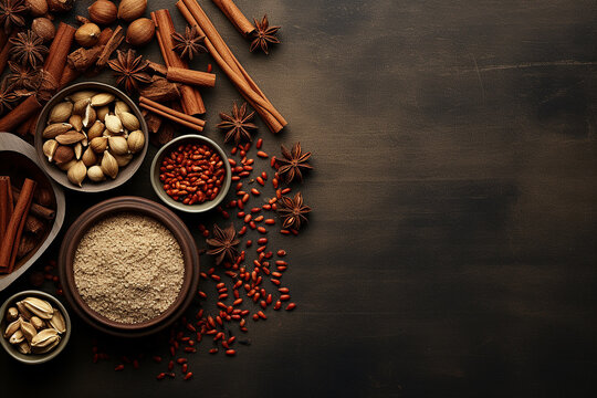 Generative AI Image of Traditional Herbal Medicine with Cinnamon Sticks and Hazelnuts on Wooden Background