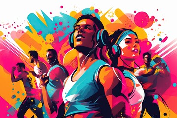 Group Fitness People with Headphones, Couple Love, and Colorful Gym Design