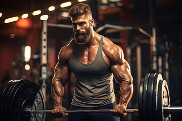Obraz premium Big Muscular Man Holding Barbell in Gym - Dedication