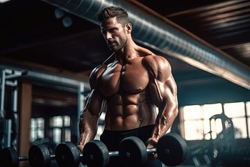 Fototapeta na wymiar Muscular Man with Dumbbells in Dramatic Gym Lighting - Striking Pose