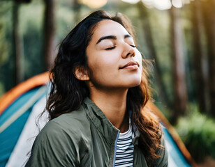 girl camping in the forest while closing her eyes and breathing the fresh air, vacation concept, nature, relaxation