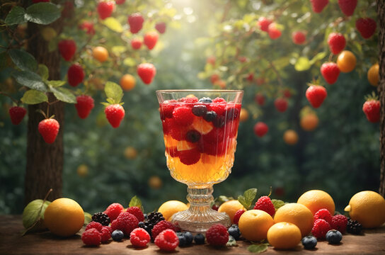Escape to a land of sugary delights! Fruit trees laden with berries and syrup beckon under a sun-dappled canopy. Lose yourself in this fantastical, edible escape, National Fruit Compote day concept