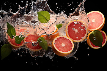 Fresh juicy grapefruit halves in a splash of water. Generative AI.