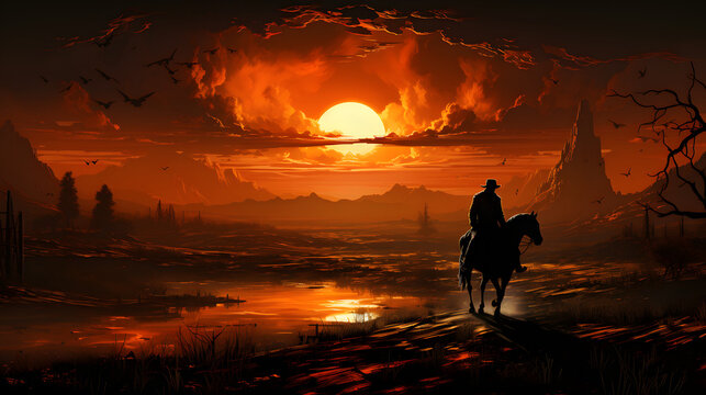 Silhouette image of a cowboy riding a horse 