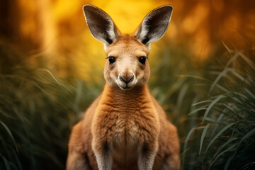 Fototapeta premium Alert Kangaroo in Grassy Field with Blurred Background