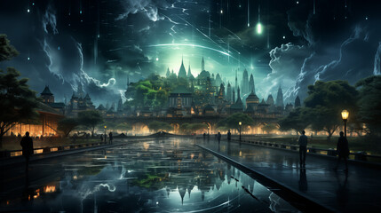 Fototapeta premium Enchanted Evening in a High-Tech Urban Fantasy