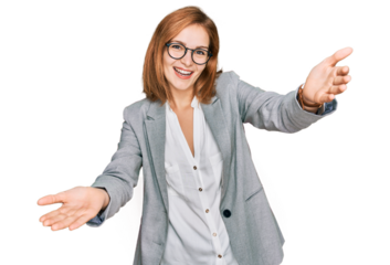 Young caucasian woman wearing business style and glasses smiling cheerful offering hands giving assistance and acceptance.