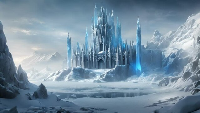 frozen fortress Throne Frost nestled heart frozen tundra, sharp spires piercing dark blue sky. very highest tower sits throne room, encased dome that glows with 2d animation