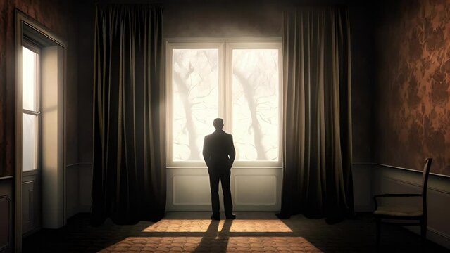 A closed window curtains the interior of a room where a lonely man wearing a black suit mourns his lost Psychology emotions concept. .