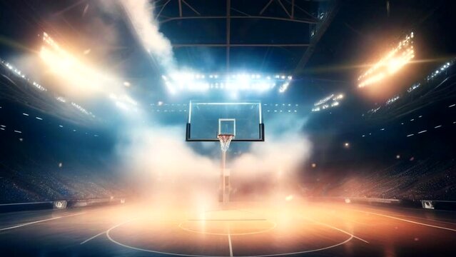 The basketball stadium was brightly lit with lights and thick smoke from the fans. Basketball sports product advertising virtual animated loop background