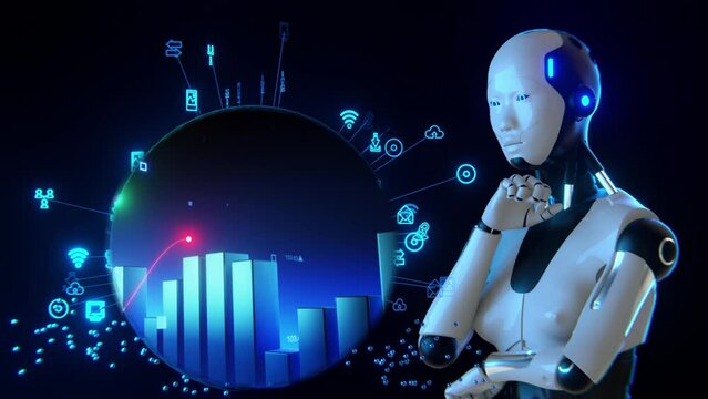 Humanoide, robot toca con su dedo el mundo y analizada millones de datos alimentado por inteligencia artificial, un gr&aacute;fico de barras se mueve mostrando la evoluci&oacute;n de los distintos valores.