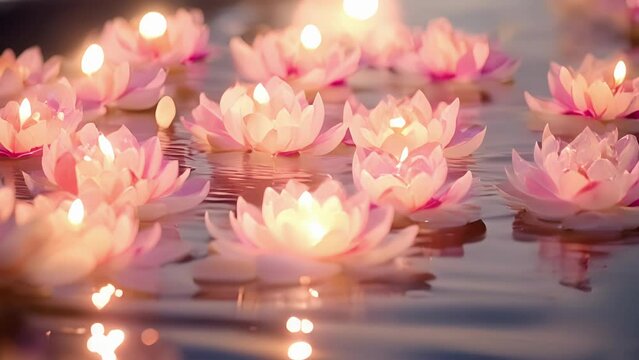 Closeup of delicate flower petals floating in the water, illuminated by the soft light of the candles.