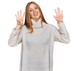 Young irish woman wearing casual winter sweater showing and pointing up with fingers number nine while smiling confident and happy.
