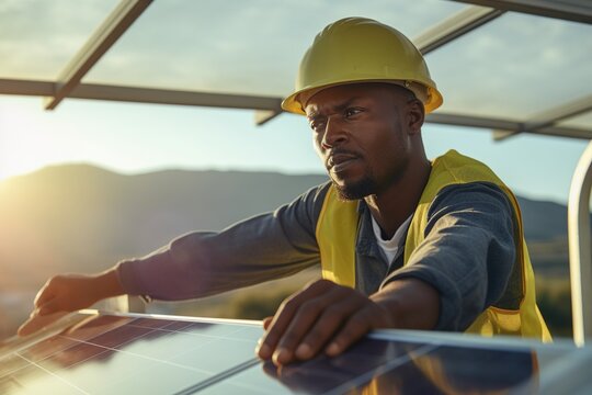 african american engineer installing a solar panel; black man professional technician person working on a sustainable alternative sun electricity energy generator with photovoltaic cells