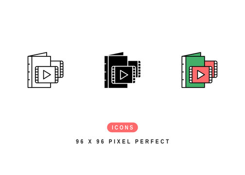 Video Album Icon. Multimedia Library Folder Pictogram Graphic Illustration. Isolated Simple Line Icon For Infographic, App and Web Button.