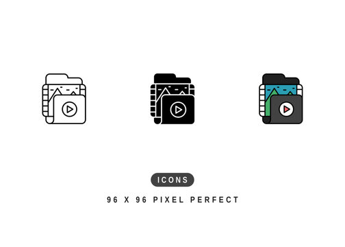 Video Album Icon. Multimedia Library Folder Pictogram Graphic Illustration. Isolated Simple Line Icon For Infographic, App and Web Button.