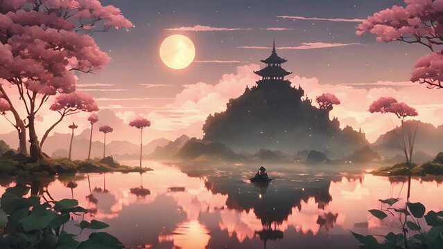 heart Lunar Lotus Lake lies tranquil island, shrouded dense that adds mystery magic. approach closer, silhouettes towering lotus plants reaching towards sky, their 2d animation