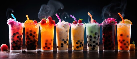 Colorful drinks with tapioca bubbles in transparent cups on a black background