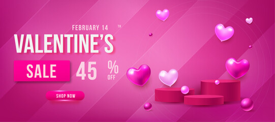 Valentines day sale poster with red and pink hearts background - obrazy, fototapety, plakaty