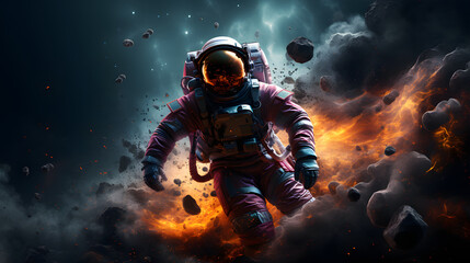 astronaut taking space walk, colorful space nebula around