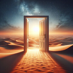 Desert door opens. New startup theme. 3D art. ai generated