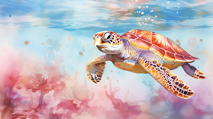 watercolour of a beauty of turtle in the sea, beaches, and coastal areas, pink and gold colors