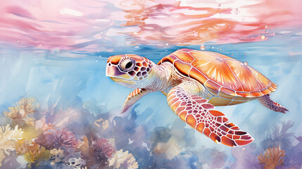 watercolour of a beauty of turtle in the sea, beaches, and coastal areas, pink and gold colors