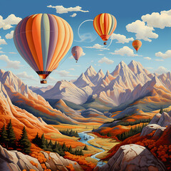 A cluster of hot air balloons over a mountain range