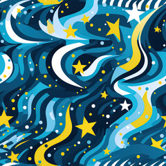 abstract wavy starry seamless pattern with waves and stars on blue yellow background