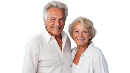 Happy elderly couple smiling and embracing together, isolated on transparent background