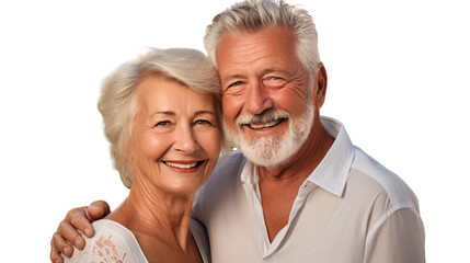 Happy elderly couple smiling and embracing together, isolated on transparent background
