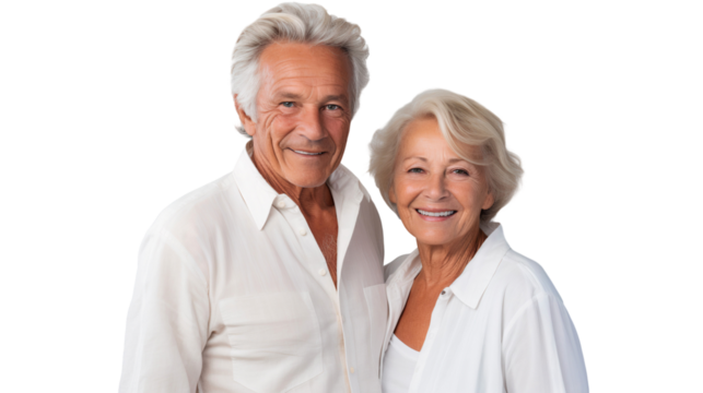 Happy elderly couple smiling and embracing together, isolated on transparent background - Powered by Adobe