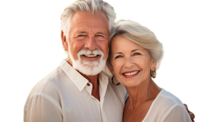 Happy senior couple smiling together, isolated on transparent background