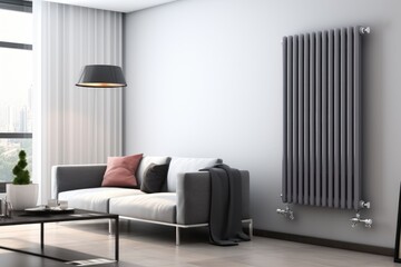 Heating radiator in interior next to a sofa