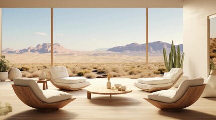 Spacious Veranda Views: Elegant Lounge Chairs, Potted Plants, and a Serene Overlook Nevada desert Mock Up - obrazy, fototapety, plakaty
