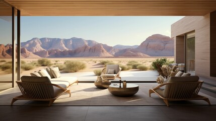 Spacious Veranda Views: Elegant Lounge Chairs, Potted Plants, and a Serene Overlook Nevada desert Mock Up - obrazy, fototapety, plakaty