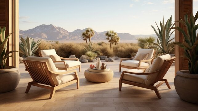 Spacious Veranda Views: Elegant Lounge Chairs, Potted Plants, and a Serene Overlook Nevada desert Mock Up