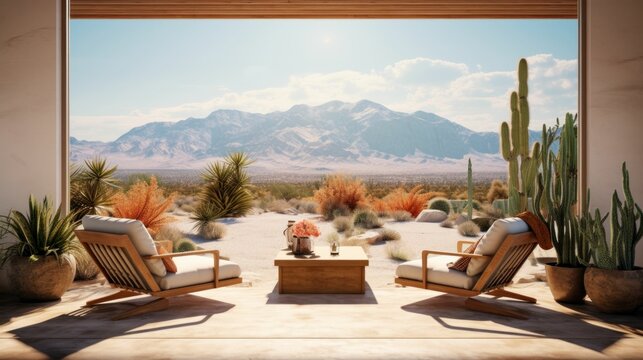 Spacious Veranda Views: Elegant Lounge Chairs, Potted Plants, and a Serene Overlook Nevada desert Mock Up