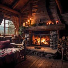 A cozy fireplace in a rustic cabin